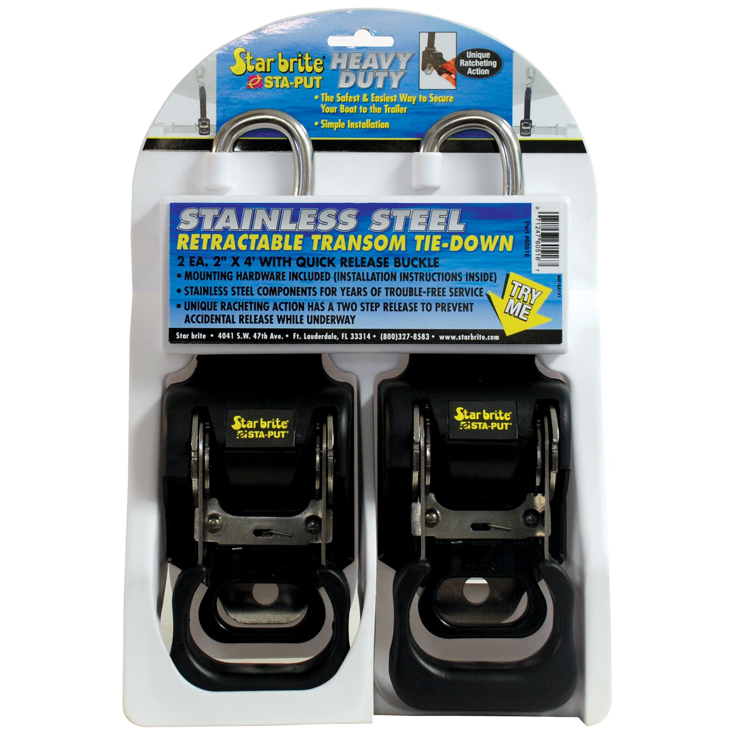 Stainless Steel Retractable Transom Tie-Downs – 2" x 4', Quick Release, 2-Pack